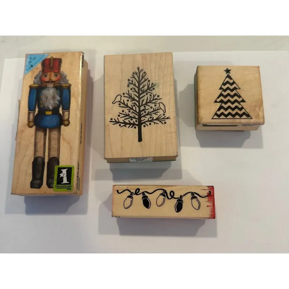 Christmas Rubber Stamp Lot of 4 Inkadinkado Paper Source Craft Smart Wood Mount